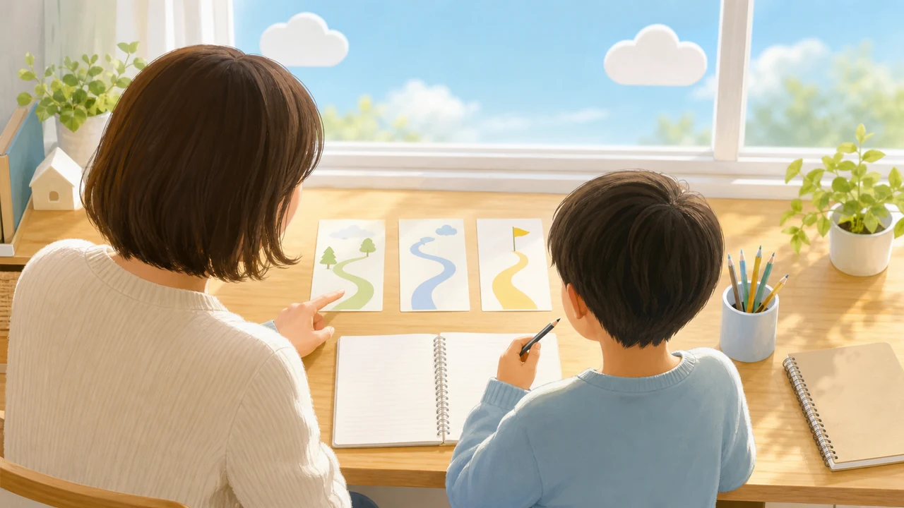 親子で塾選びのメモを見ながら通塾について話している明るい机のイラスト