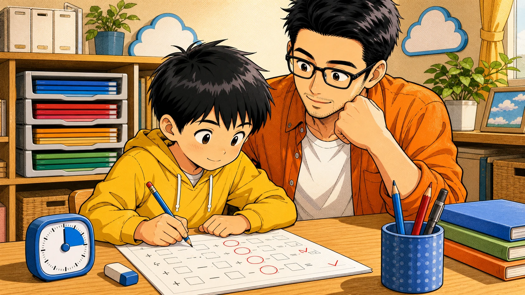 親子でタイマーを使いながら計算プリントの見直しをしているアメコミ風イラスト