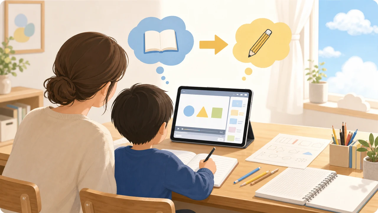 親子で机に向かい、動画教材とノートを見ながら家庭学習を進めている明るいイラスト