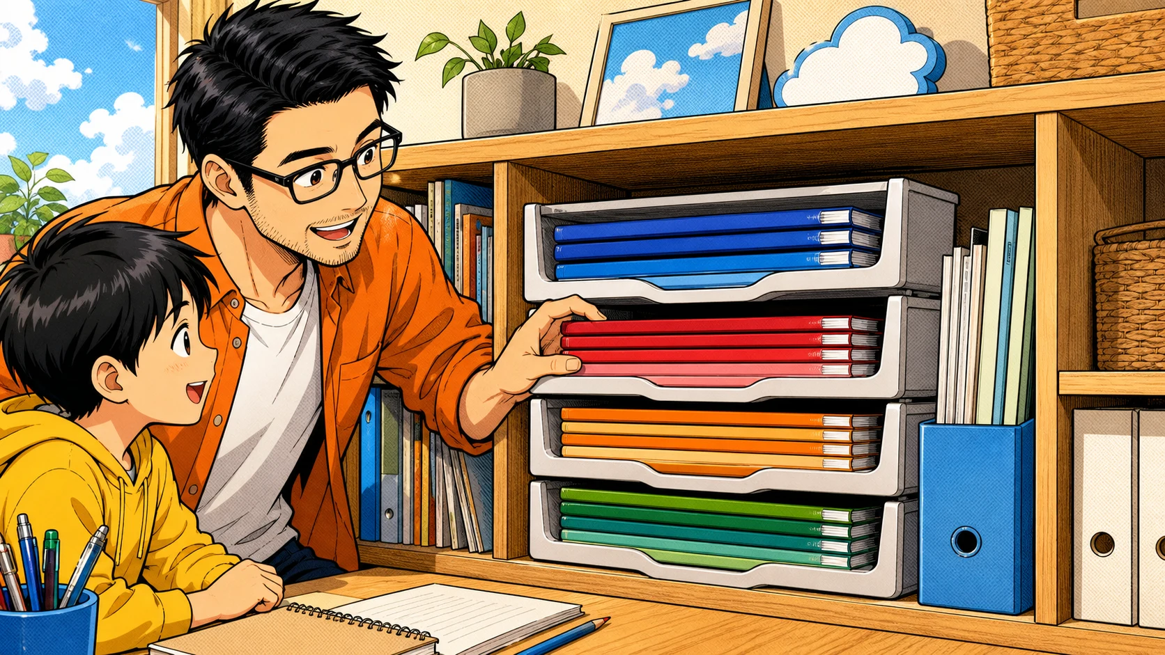 親子で低い棚の書類トレーに塾教材を科目ごとに平積みして整理しているアメコミ風イラスト